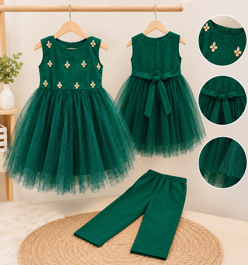 Elegant Lawn Cotton and Net Sleeveless Frock with Exquisite Handmade Stone Work.
