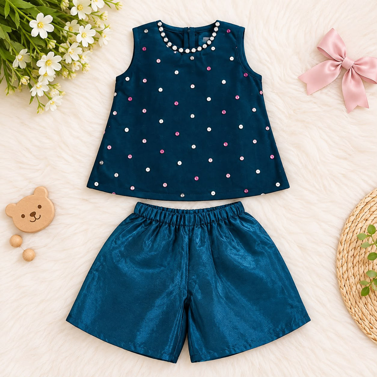 Girls cotton silk two-piece suit featuring a sleeveless top with embellished neckline and matching wide-leg flapper pants, perfect for formal or party wear.