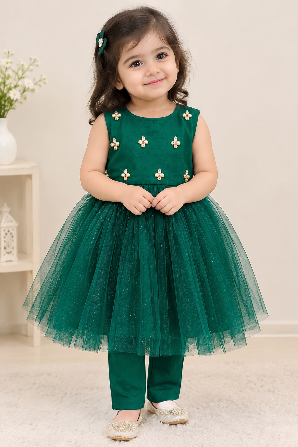 Elegant Lawn Cotton and Net Sleeveless Frock with Exquisite Handmade Stone Work.