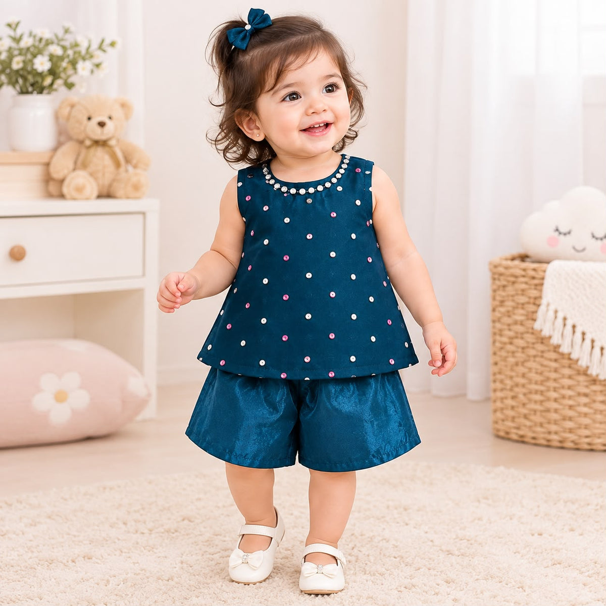 A toddler girl wearing a dark teal sleeveless top with white, pink, and blue polka dots and matching teal shorts, standing in a bright, neutral nursery setting